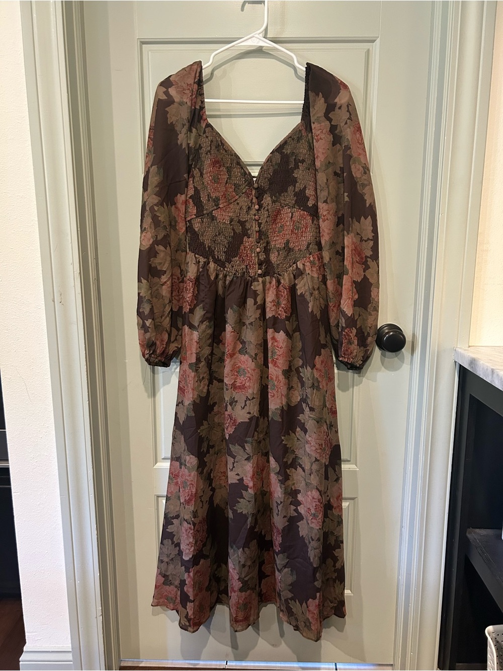 Carly Jean Los Angeles Brown Maxi Dress with Pink Floral Print